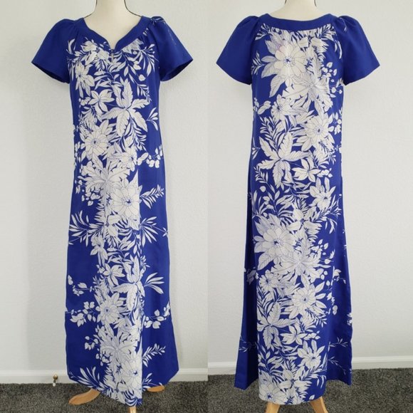 Sand Pebble Dresses & Skirts - 1980s VTG Classic Hawaiian Floral Blue Maxi Muumuu